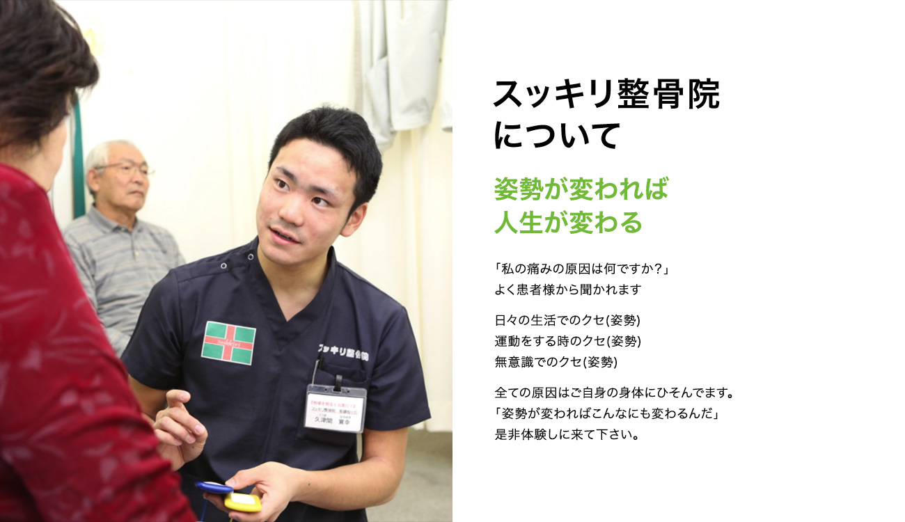 スッキリ整骨院について 姿勢が変われば人生が変わる「私の痛みの原因は何ですか？」よく患者様から聞かれます 日々の生活でのクセ(姿勢)運動をする時のクセ(姿勢)無意識でのクセ(姿勢)全ての原因はご自身の身体にひそんでます。「姿勢が変わればこんなにも変わるんだ」是非体験しに来て下さい