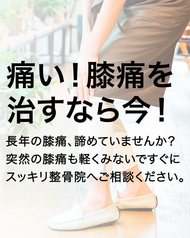 痛い！膝痛を治すなら今！　長年の膝痛、諦めていませんか？突然の膝痛も軽くみないですぐにスッキリ整骨院へご相談ください。