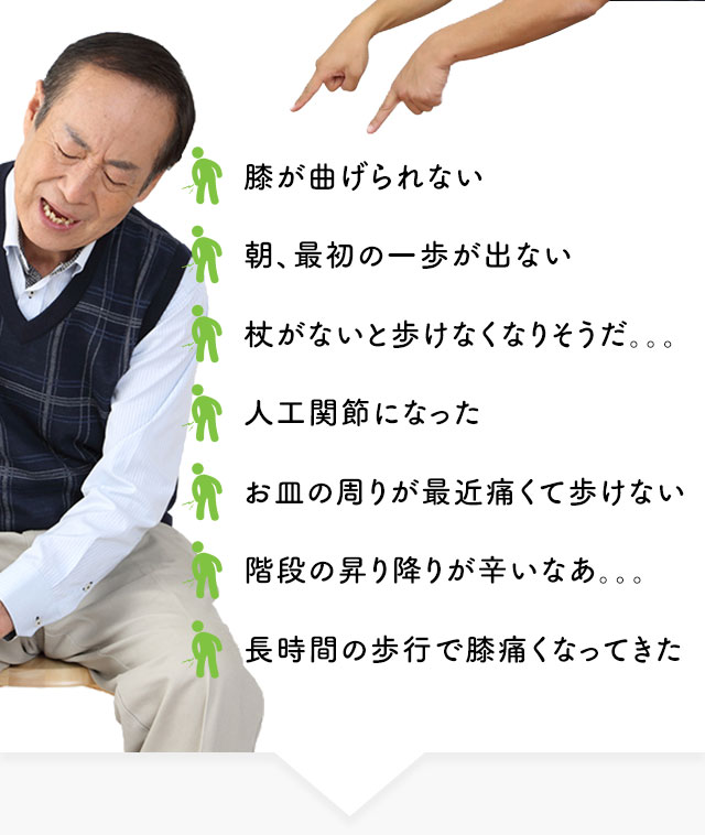 膝が曲げられない　朝、最初の一歩が出ない　杖がないと歩けなくなりそうだ。。。　人工関節になった　お皿の周りが最近痛くて歩けない　階段の昇り降りが辛いなあ。。。　長時間の歩行で膝痛くなってきた